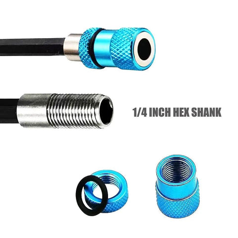 Three Pack Magnetic Drill Bit Holder Set For Impact Drivers One Quarter Inch Hex Shank Blue Extensions Close-Up