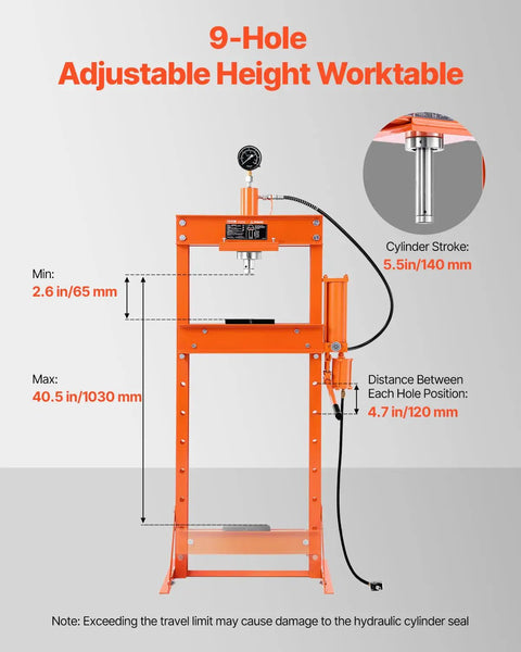 Hustle With This Bad Boy: Vevor 20 Ton Hydraulic Shop Press, Heavy Duty H-Frame with adjustable height worktable and specs.