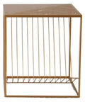 Straight Up Solid Industrial Wood Look End Table With Bottom Storage Shelf Slick Modern Side Desk side view with golden metal frame