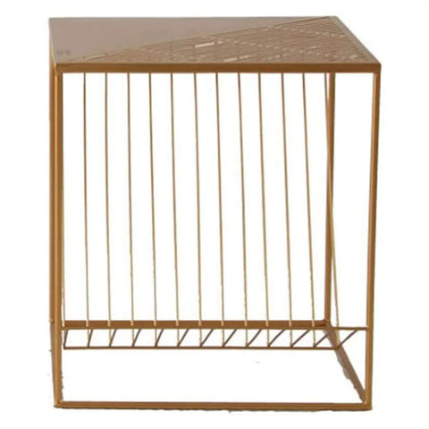 Straight Up Solid Industrial Wood Look End Table With Bottom Storage Shelf Slick Modern Side Desk side view with golden metal frame