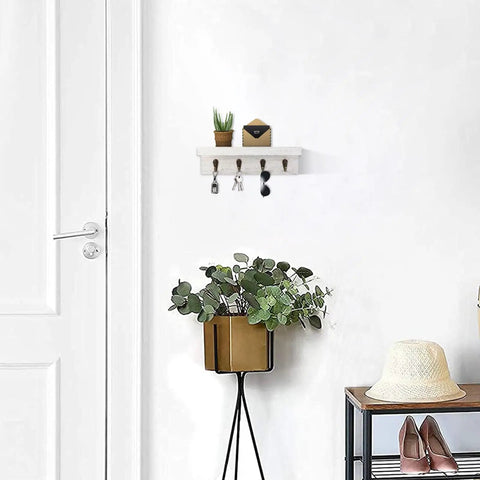 Rustic Wall Key Holder With Four Heavy Duty Hooks And A Floating Farmhouse Shelf, Wall Mounted Mail And Keys Organizer In White for entryway