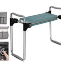 Go To Garden Kneeler And Seat Foldable Gardening Stool with 2 tool pouches and EVA foam pad, shown folded with metal frame.