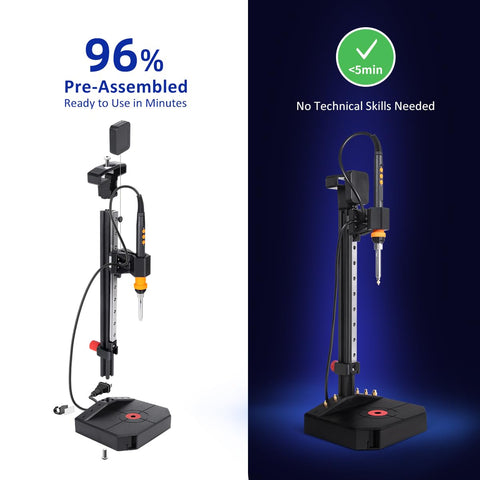 Vertical Heat Set Insert Press Tool With 90W Soldering Iron for 3D printing, fully assembled with linear rail.