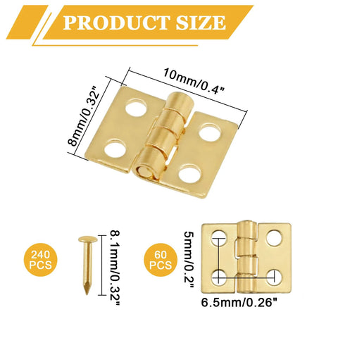 ZIUZI 60Pcs Mini Hinges, 270 Degree Rotation Miniature Furniture Hardware, 10x8mm Gold Hinges with Mounting Nails, shown with size details.