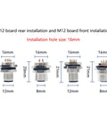 Diagram showing measurements for M12 board rear and front installation, highlighting 8 Pin M12 A Coded Connector Cable installation hole size 16mm.