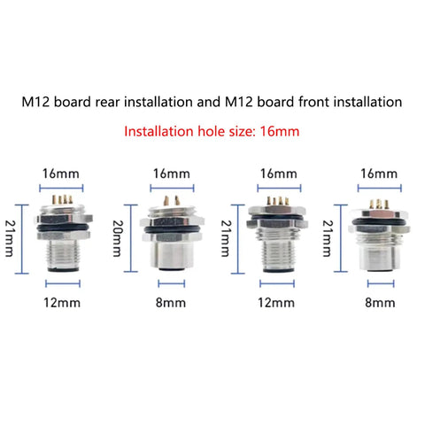 M12 board rear and front installation diagram with dimensions for Two Pack M12 8 Pin A Code Front Mount Male Connector Cable