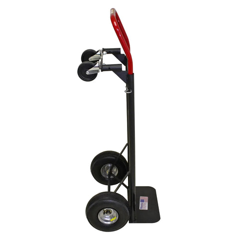 Side view of a Heavy Duty Hand Truck Converts From Two Wheel To Four Wheel Platform With Solid Steel Deck Preventing Load Slippage