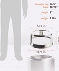 Bonfire Hub Stainless Steel Cooking Adapter, 14.5" top diameter, 8" height, comparison with human silhouette, fire pit accessory.