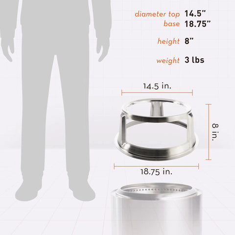Bonfire Hub Stainless Steel Cooking Adapter, 14.5" top diameter, 8" height, comparison with human silhouette, fire pit accessory.