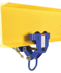 Heavy-Duty Steel Quick Install Manual Trolley, 1000 Lb Capacity, 6.75 In Headroom, blue unit mounted under yellow I-beam