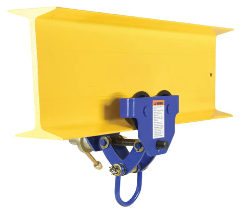 Heavy-Duty Steel Quick Install Manual Trolley, 1000 Lb Capacity, 6.75 In Headroom, blue unit mounted under yellow I-beam