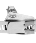 Close-up of heavy duty stainless steel PEX clamps with quick release design for plumbing fittings, rugged cinch clamp.