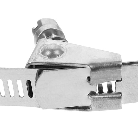 Close-up of heavy duty stainless steel PEX clamps with quick release design for plumbing fittings, rugged cinch clamp.