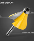 Three Piece Chamfer Router Bit Set For Woodworking, One Quarter Inch Shank, One Inch Cutting Length, Angles 15, 22.5, And 30 Degrees