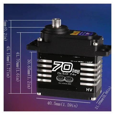 Badass 70kg High Torque RC Servo 4 Pack Rock Solid Metal Gear Brushless Steering Motor dimensions labeled on a blue background.
