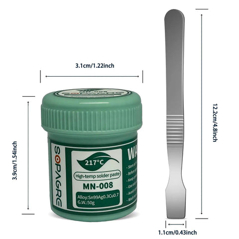 Lead Free No Clean SMD Solder Paste For Phone Repair With Tin 99 Percent Silver 0.3 Percent Copper 0.7 Percent Alloy 217 Degree Celsius High Temperature Bright Weld Point Strong Viscosity 50g Bottle with spatula