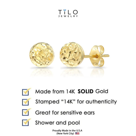 Six Millimeter 14K Yellow Gold Diamond Cut Ball Stud Earrings With Hand Engraved Detailing And Secure Push Backs Dope Quality Gift Box Included Ready For Everyday Wear And Special Occasions.
