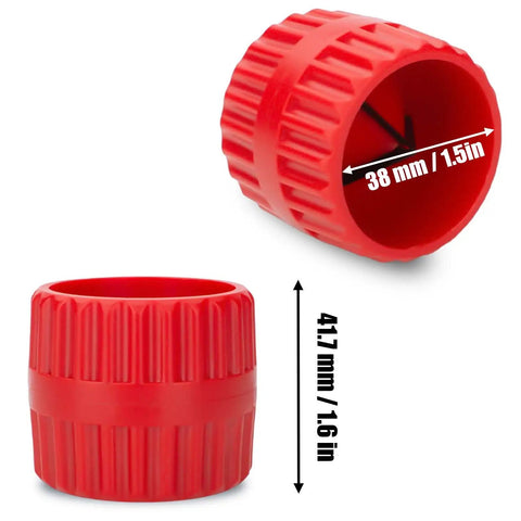 Two Pack Inner Outer Reamer Pipe Chamfer Tool Set with red grooved grip and dimensions for PVC PPR Copper Brass Aluminum Pipe 1.57in to 1.7in
