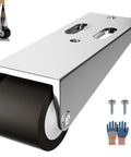 Tough As Nails Vertical Track Roller With Durable Rubber Caster for Super Smooth Sliding Door Operations, close-up view of steel housing and rubber wheel.