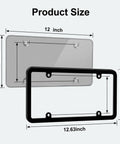 Diagram showing Clear Gray License Plate Frames dimensions, 12.63x6.49 inches, with transparent cover and ABS frame for US plates.