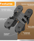 Features of Invisible Cabinet Hinge Set For Clean Minimal Doors No Drama With 180 Degree Hidden Hinges And Quiet Close Concealed Hardware Black 0.63 To 2.76 Inches 4 Pack DIY Friendly Supports Up To 33 Lbs Mdkave shown with brushed surface and countersunk screw hole details.