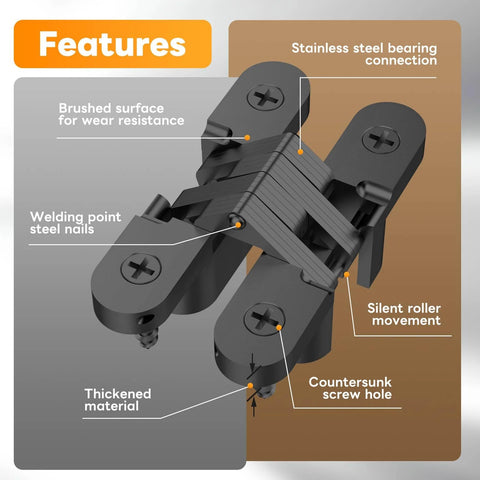 Features of Invisible Cabinet Hinge Set For Clean Minimal Doors No Drama With 180 Degree Hidden Hinges And Quiet Close Concealed Hardware Black 0.63 To 2.76 Inches 4 Pack DIY Friendly Supports Up To 33 Lbs Mdkave shown with brushed surface and countersunk screw hole details.