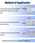Step-by-step guide for 20Pcs Mini Lever Wire Connectors Set for 1 In 2 Out Splicing, illustrating installation method.