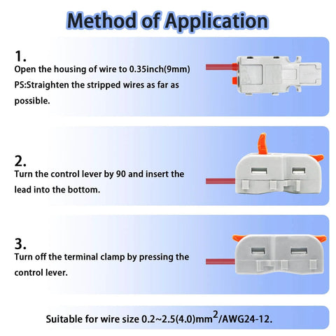 Step-by-step guide for 20Pcs Mini Lever Wire Connectors Set for 1 In 2 Out Splicing, illustrating installation method.