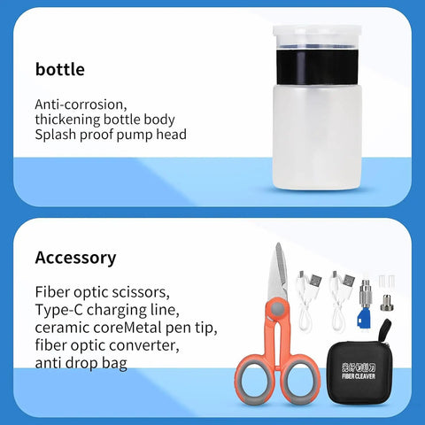 Pro Grade All In One Fiber Optic Tool Kit accessories with bottle, fiber optic scissors, Type-C charging line, anti drop bag