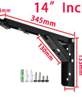 14 inch black folding shelf bracket with dimensions and mounting hardware, part of 4 Pack Folding Shelf Brackets Heavy Duty White Adjustable 8 To 14 Inch Collapsible Hardware For Tables Shelves Workbenches And Garages Built For DIYers And Pros Space Saving Support For Books Decor Tools And More