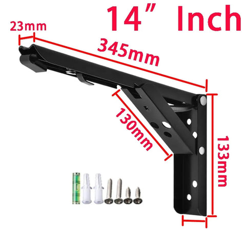 14 inch black folding shelf bracket with dimensions and mounting hardware, part of 4 Pack Folding Shelf Brackets Heavy Duty White Adjustable 8 To 14 Inch Collapsible Hardware For Tables Shelves Workbenches And Garages Built For DIYers And Pros Space Saving Support For Books Decor Tools And More