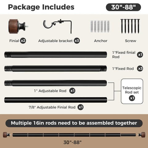 Package contents of Imitation Wood Grain Curtain Rod Set 1 Inch Diameter Heavy Duty Adjustable Drapery Rods For Windows 48 To 84 Inches