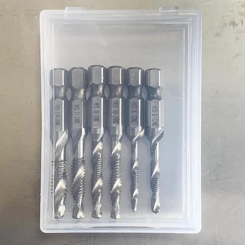 All In One Six Pack Drill And Tap Bit Set For Metal Wood And Plastic With Hex Shank Countersink Bits And Built In Taps in case