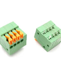 Front and back view of 8 Pin 4 Position 2.54mm Pitch Screwless PCB Terminal Block Connectors For KF141R KF141V, green with orange levers.