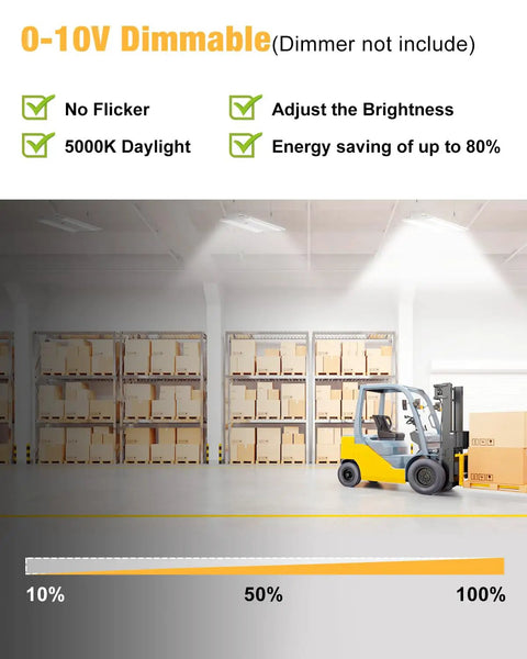 0-10V Dimmable feature shown in warehouse with forklift and stacked boxes under Solid Kick Butt Lighting 4Ft Led Linear High Bay 400W 60000 Lumen Shop Fixture