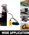Heavy Duty 12V DC Hydraulic Power Unit With 8 Quart Steel Tank, 3HP pump, versatile for dump trailers and lifting gear.