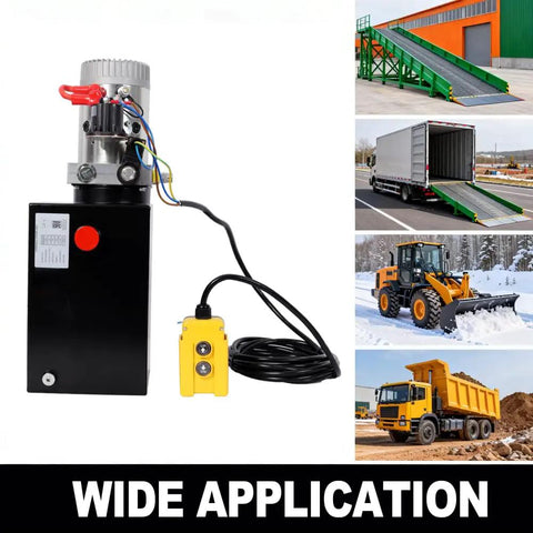 Heavy Duty 12V DC Hydraulic Power Unit With 8 Quart Steel Tank, 3HP pump, versatile for dump trailers and lifting gear.