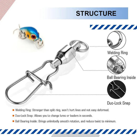 Beefed Up High Strength Fishing Swivels Set Stainless Steel Tackle Snaps Locking Connectors For Saltwater Lures, Heavy Duty Snap Swivels, 25 Count, 27 Lb Capacity, Corrosion Resistant Gear For Freshwater And Saltwater, stainless steel snap swivel with ball bearings