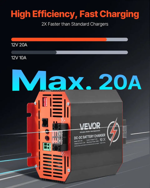 Workhorse 12V 20A Dc To Dc Battery Charger For Rvs And Trailers showcasing black and red compact design, indicating fast charging capabilities.