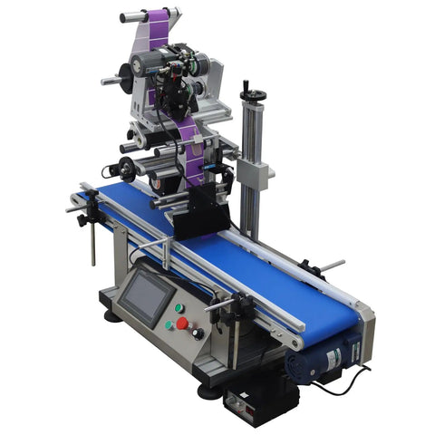 Automatic Desktop Conveyor Labeling Machine With Adjustable Belt For Flat Surfaces 110V Plug And Play Bottle Applicator view from side
