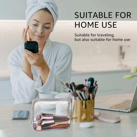 Woman using Three Pack Clear PVC Travel Toiletry Bags Set For Women And Men Waterproof See Through Organizer with makeup brushes.