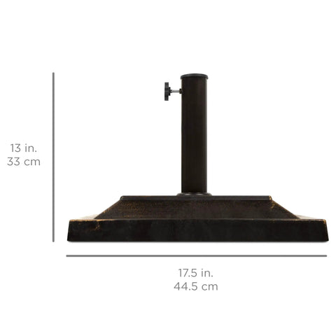 Heavy Duty 26 Pound Steel Patio Umbrella Stand With Bronze Finish Square Base Decorative Basket Weave Pattern Weather Resistant Resin Wind Resistant Fits 1.5 To 1.75 Inch Poles side view with dimensions.
