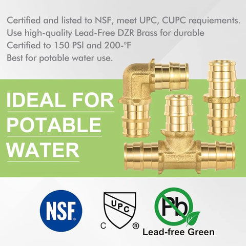 30 Pack PEX A Combo Fittings Set With Elbow Tee And Coupling, certified lead-free brass, ideal for potable water use