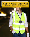 Straight Up Durable High Visibility Reflective Safety Vest With Nine Roomy Pouches Meets Ansi Isea Class 2 Standards For Night Shifts And Construction Jobs Comes In Flawless Neon Yellow Large on a man in a street setting.