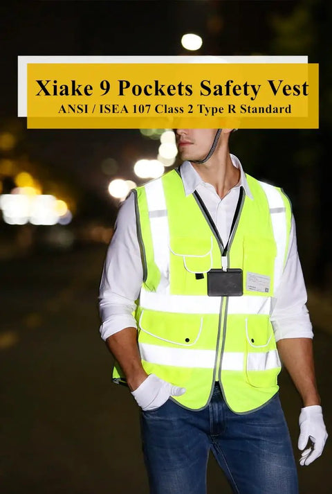 Straight Up Durable High Visibility Reflective Safety Vest With Nine Roomy Pouches Meets Ansi Isea Class 2 Standards For Night Shifts And Construction Jobs Comes In Flawless Neon Yellow Large on a man in a street setting.