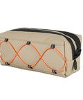 Front bike bag with waterproof insulation and large capacity on handlebar storage, khaki with orange bungee cord detail.