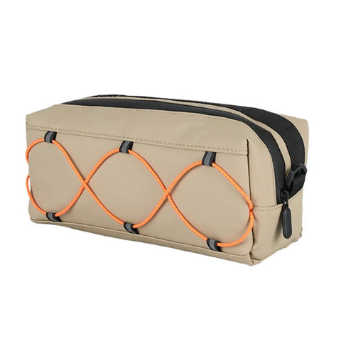 Front bike bag with waterproof insulation and large capacity on handlebar storage, khaki with orange bungee cord detail.