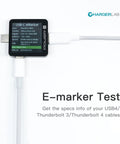KM003C Portable USB C Fast Charging Tester performing E-marker test with USB-C connection displayed on screen.