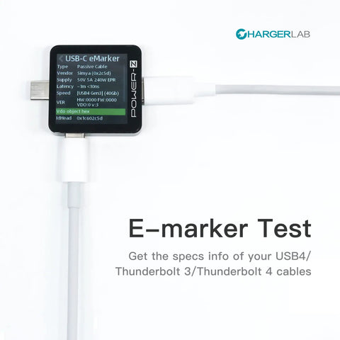 KM003C Portable USB C Fast Charging Tester performing E-marker test with USB-C connection displayed on screen.