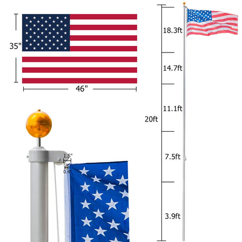 20 Ft Aluminum Flag Pole Kit Yard Ready Sectional For Outdoor Use With 1.2mm Thick Walls Built To Last Rust Proof And Weather Ready Up To 33 MPH Wind Gold Ball Topper 3x5 Flag Compatible Residential Garden Flagpole